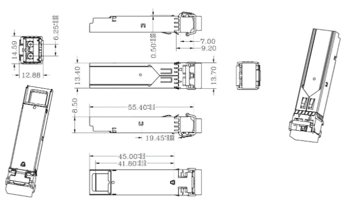 单路双纤SFP光模块封装尺寸图 单路双纤SFP光模块封装尺寸图